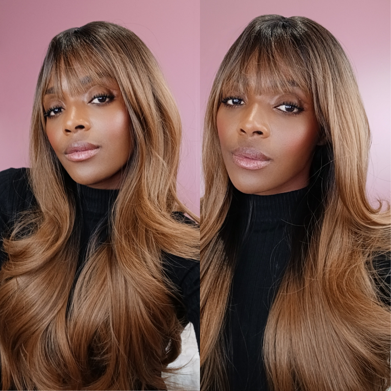 Nicola - Long Natural Wavy Black Brown Ombre Wig with Bangs