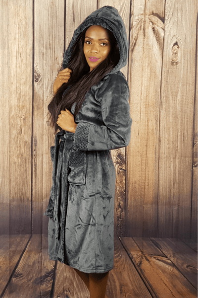 Ladies Hooded Premium Plush Dressing Gown Bavarian Grey
