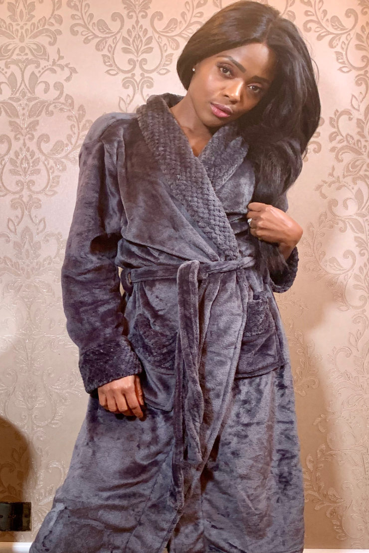 Ladies Premium Plush Dressing Gown Graphite Grey