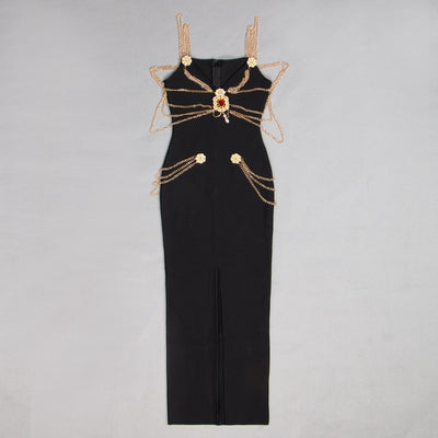 Maliaka  Chains Embellishment Bodycon Maxi Dress With Front Slit