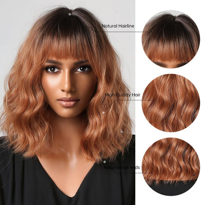 Jenny - Wavy Copper Ginger Ombre Bob Wig With Dark Roots
