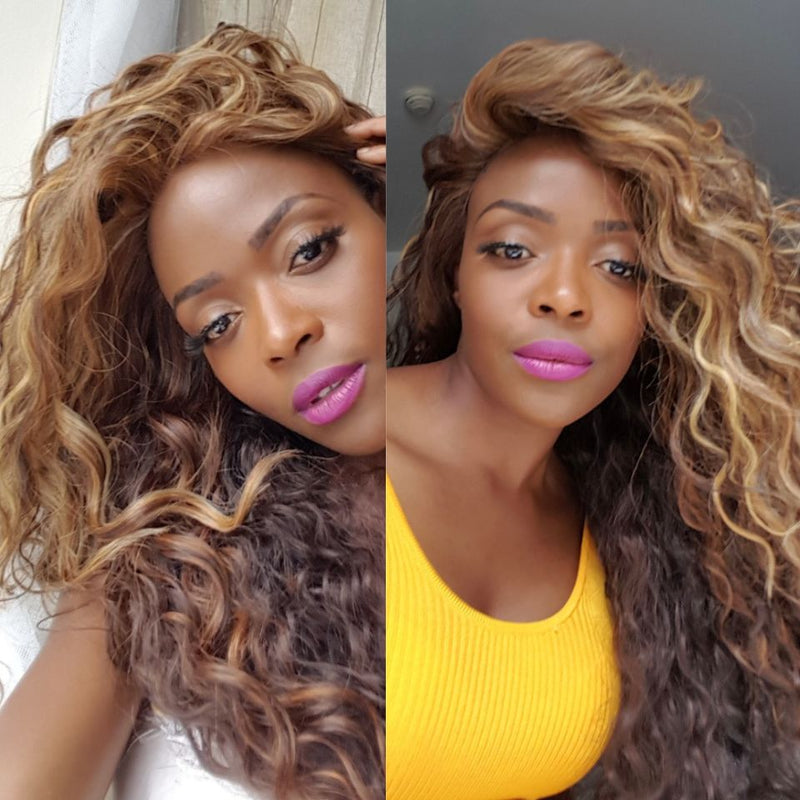 Sandy Long Curly Synthetic L Parting Lace Wig Mixed Colour