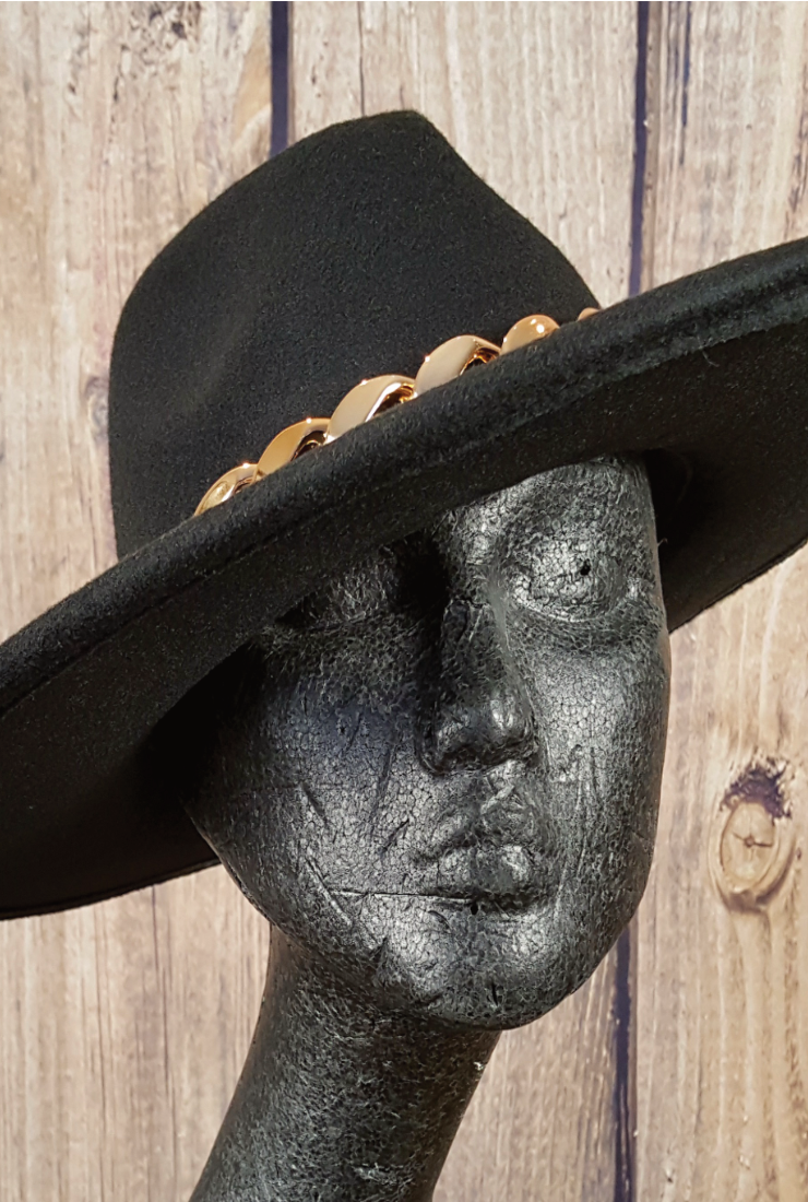 Gold Chain Fedora Hat - Black