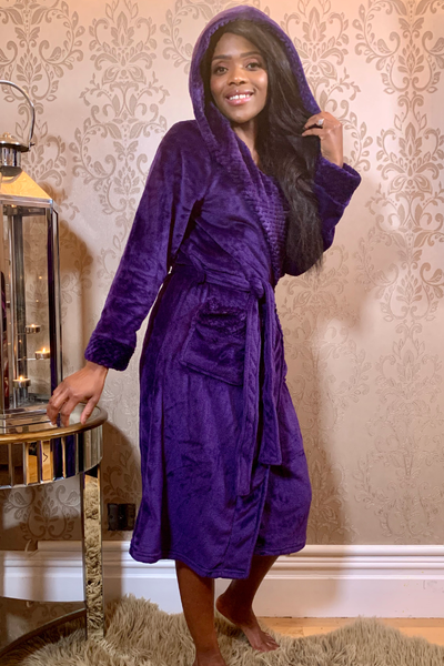 Ladies Hooded Premium Plush Dressing Gown Orchid Purple