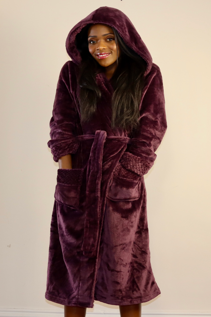 Ladies Hooded Premium Plush Dressing Gown Tuscan Wine